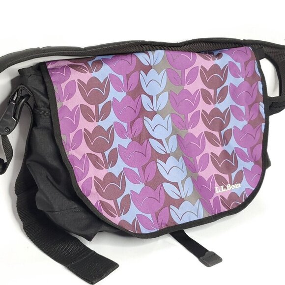 LL Bean Computer Messenger Bag Floral Black Purple Blue - Picture 2 of 9
